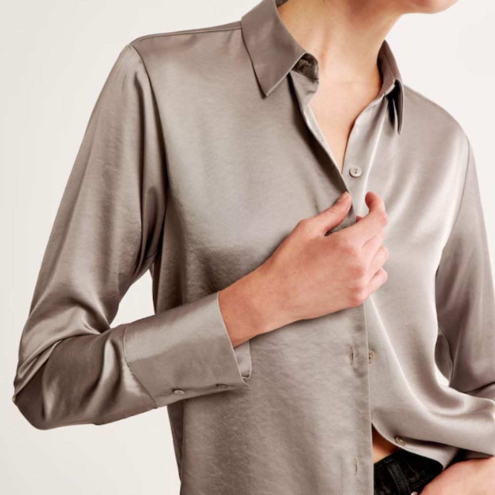 Long-Sleeve Satin Button-Up Shirt